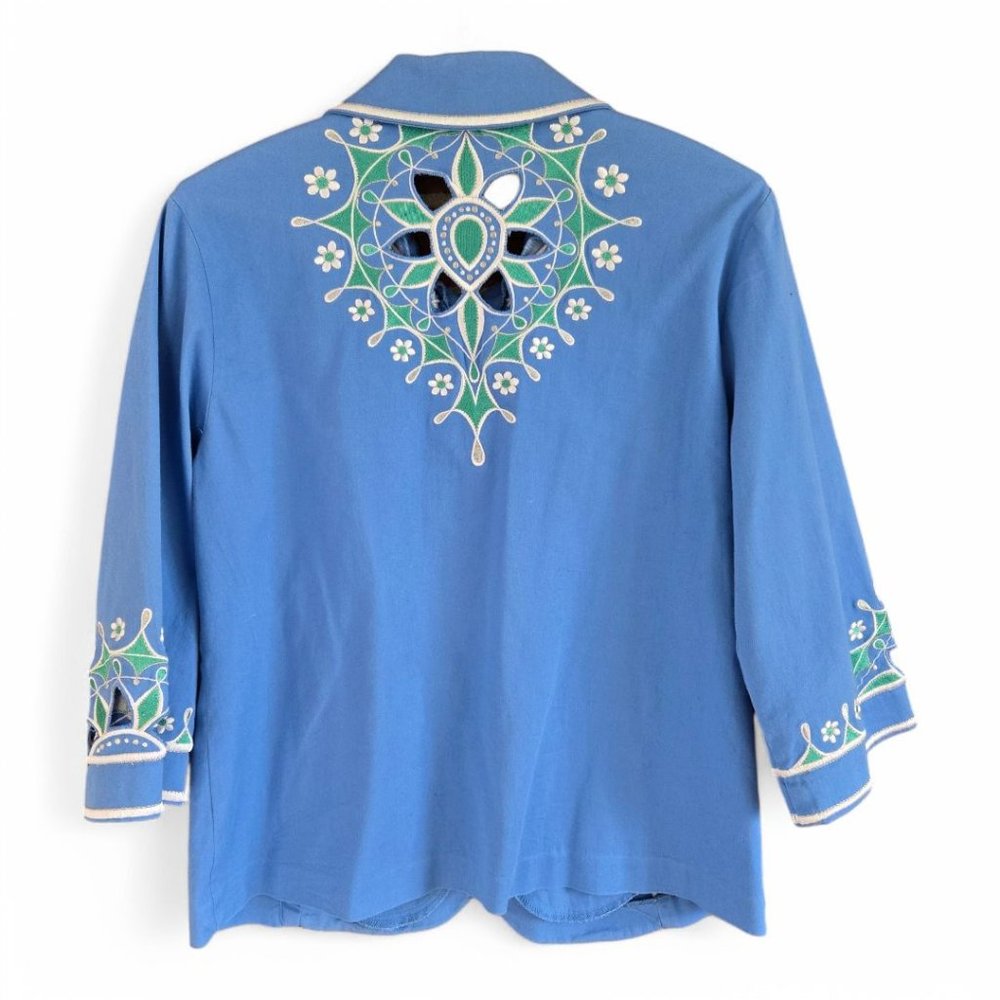 Bob Mackie Wearable Art Blue Medium Embroidered Jacket 3/4 Sleeve Floral - Picture 3 of 11